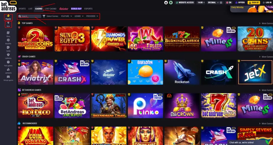 Popular Games BetAndreas Casino